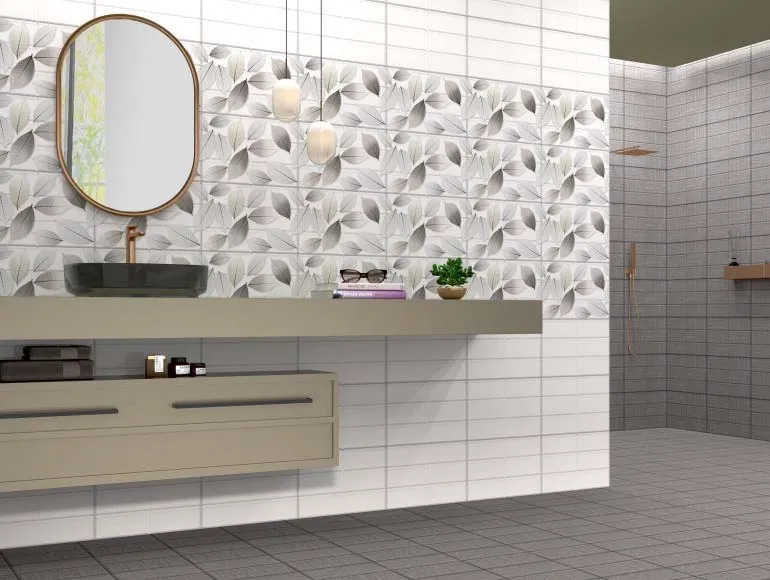 Washbasin design with a oval-shaped mirror